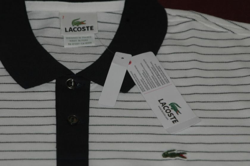 Lacoste Polo Classic Pique Shirt WHITE/BLUE STRIPES Size 7 Extra Large 
