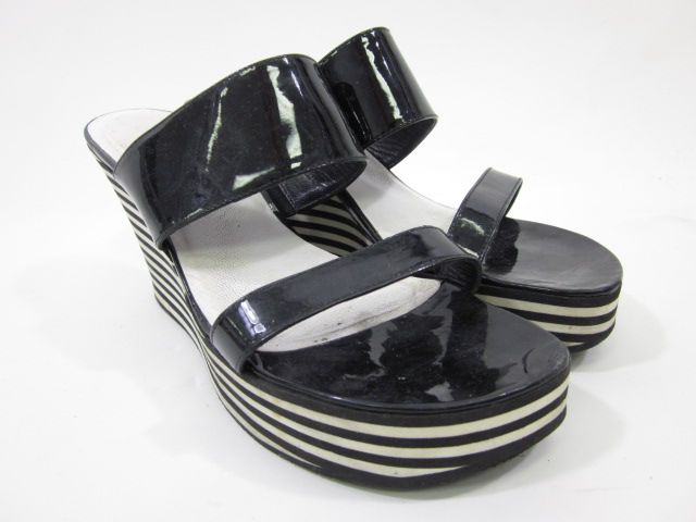 KORS MICHAEL KORS Black White Stripe Wedges Sandals 9.5  