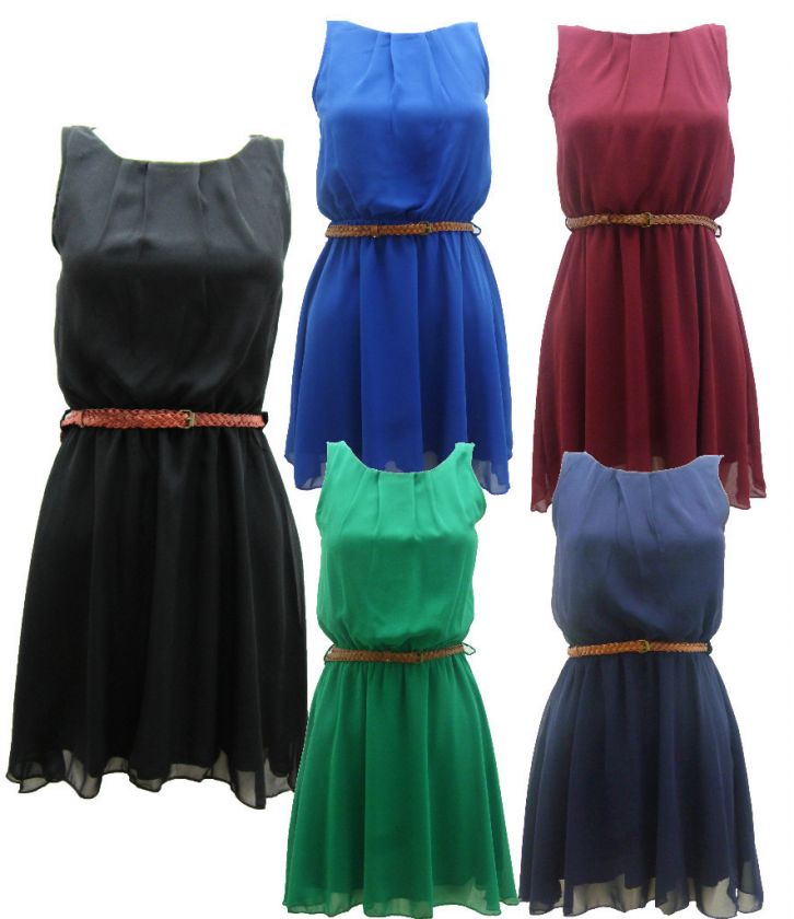 WOMENS LADIES CHIFFON PLEATED SKATER DRESS 6 COLOURS SIZE 8 TO 14 